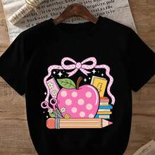 100% Cotton T-Shirt With A Cute Pink Apple Design | Comfortable And Soft, Casual Unisex T-Shirt, Ideal For Everyday Wear, Perfect Gift For Birthdays/Valentine's Day - With Colorful Designs Of Scissors, Books And Flowers, Crew Neck, Short Sleeves, Regular Length - 黑色 - 查看 1