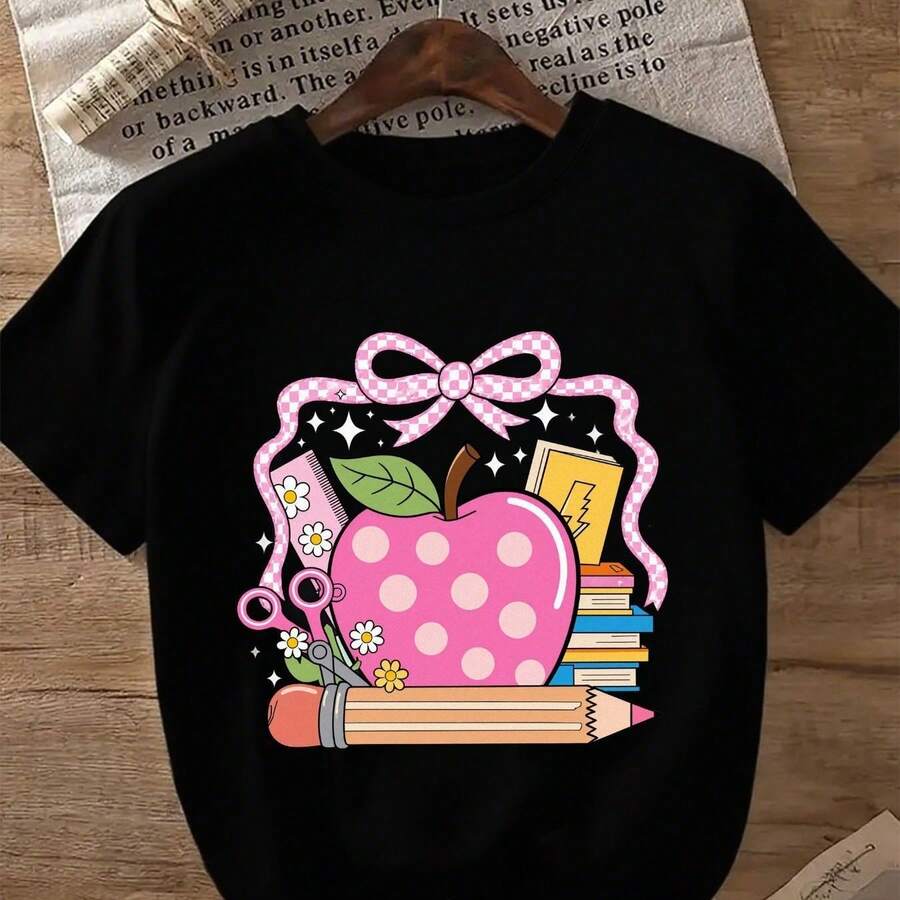 100% Cotton T-Shirt With A Cute Pink Apple Design | Comfortable And Soft, Casual Unisex T-Shirt, Ideal For Everyday Wear, Perfect Gift For Birthdays/Valentine's Day - With Colorful Designs Of Scissors, Books And Flowers, Crew Neck, Short Sleeves, Regular Length - 黑色 - 查看 1