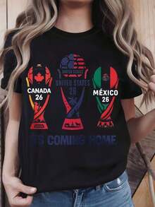 Women's 2026 World Cup T-Shirt, Soft Cotton, Casual Style, Graphic Design Of Canada, USA, Mexico, 2026 World Cup, The Event Is Coming, Summer Clothes, Gift For Football Fans, Celebrating The World Cup, Best Gift For Girlfriend, Wife, Sister Of Fans, Round Neck, 100% Cotton, Soft Fabric, Short Sleeve, Breathable And Cool. - 黑色 - 查看 2