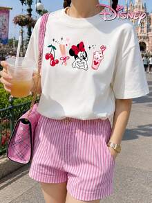 Pure Cotton Short-Sleeved T-Shirts For Teenage Girls, Featuring A Minnie Mouse Cherry Dessert Castle Print. Loose And Comfortable Fit, Sweet Summer Style, Suitable For Everyday Wear, Disney Outings, And Casual School Settings. - White - View 2