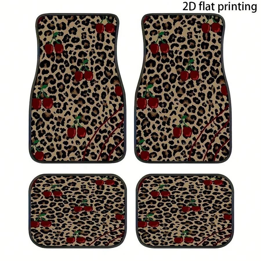 All-Weather Car Floor Mats - Leopard Print And Cherry Red Design, Durable Polyester Fiber, Non-Slip Backing, Suitable For Most Vehicles, Easy To Clean, Stylish Interior Accessory, Vehicle Floor Protection |   Elegant Interior Decoration |   Durable Car Mat - 4ps - View 1