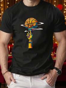 Men's Casual Summer-Shirt With Basketball Print, Round Neck And Short Sleeve - 黑色 - 查看 2