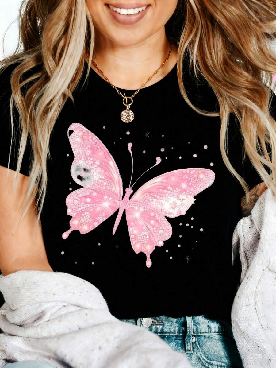 Kawaii Butterfly Graphic T-Shirt, 100% Cotton Oversized Soft Breathable Casual Crewneck Short Sleeve Top, Spring Vibes Aesthetic Tee for Women & Nature Lovers