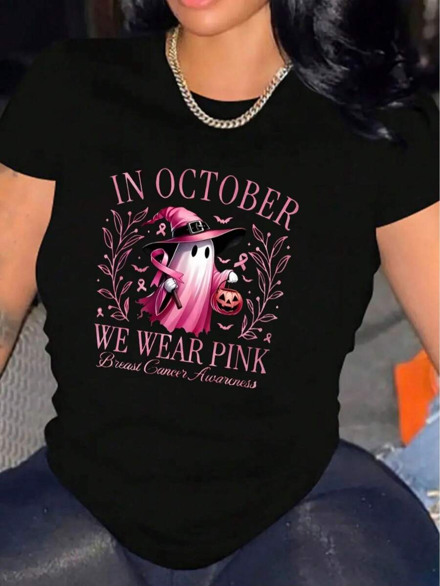 1 Women's Casual Short Sleeve T-Shirt For Halloween, 100% Thick Cotton - Comfortable Round Neck, Soft And Cute T-Shirt, 180g 100% Cotton. - 黑色 - 查看 1