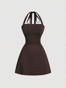 Vestido de línea A sencillo de unicolor para mujer con cintura fruncida y diseño de halter en forma de V - Marrón Chocolate - Ver 1