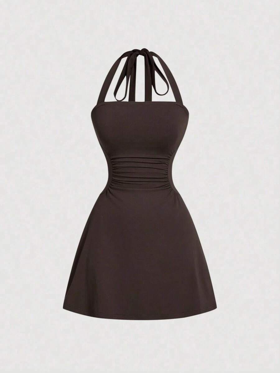 Vestido de línea A sencillo de unicolor para mujer con cintura fruncida y diseño de halter en forma de V - Marrón Chocolate - Ver 1