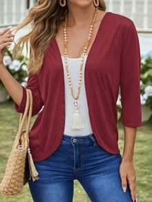 Chaqueta ligera de mujer de unicolor con abertura frontal y manga 3/4 casual - Burdeos - Ver 7