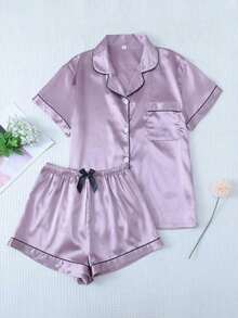 Conjunto de pijama de 2 piezas con camisa de manga corta con solapa y pantalones cortos con moño, ropa de dormir para mujer, conjunto de dos piezas - Lila Púrpura - Ver 12