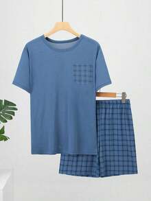 2 piezas de pijama de verano para hombre, de manga corta y ligero - top de manga corta y pantalones cortos, conjunto de ropa informal de estar en casa de manga corta para hombres - Celeste - Ver 1