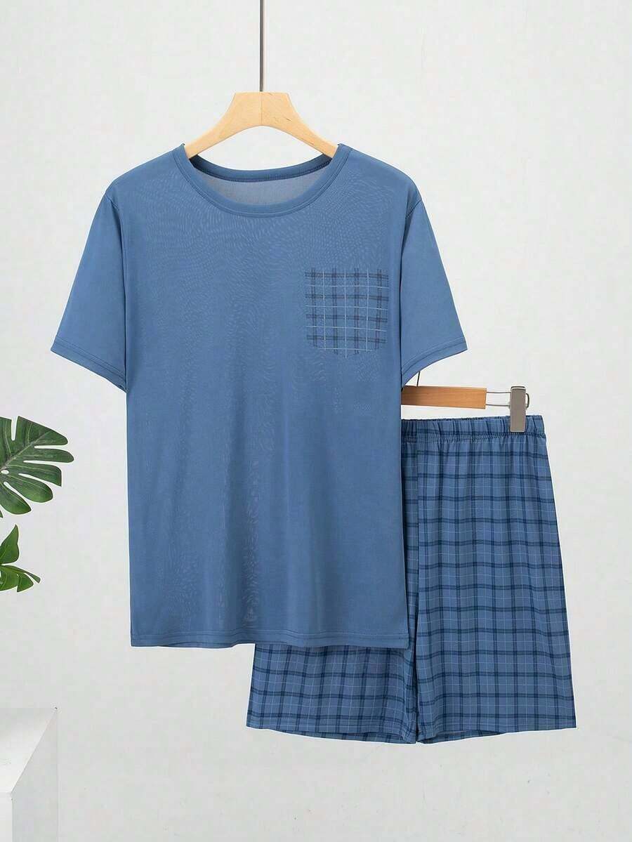 2 piezas de pijama de verano para hombre, de manga corta y ligero - top de manga corta y pantalones cortos, conjunto de ropa informal de estar en casa de manga corta para hombres - Celeste - Ver 1