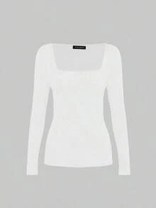 Elegante camiseta básica minimalista vintage casual de uso diario, reversible, de punto con cuello redondo y manga larga para mujer, color negro, para primavera - Blanco - Ver 4