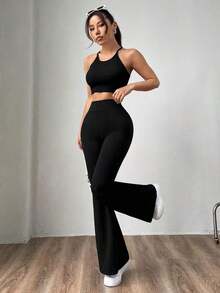 Pantalones de mujer negros tejidos ajustados y acampanados, de moda y versátiles - Negro 3 - Ver 3