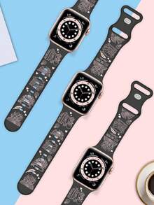 1条刻字书本图案表带，兼容40mm、41mm、42mm、44mm、45mm、46mm和49mm尺寸的表带。休闲/运动风格，柔软舒适，刻字硅胶表带，兼容 SE、11、10、9、8、7、5、4、3和Ultra系列。这款校园风格的智能手表表带男女皆宜。 - 書籍圖A-黑配粉 - 查看 4