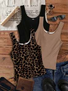 Set de 3 camisetas de tirantes de cuello redondo casuales para mujer, versátiles para el verano - Multicolor 7 - Ver 7