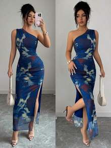 Vestido de noche de lujo para mujer, vestido sexy sin mangas con cuello asimétrico y estampado de teñido anudado - lago azul - Ver 7