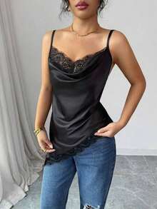 Camiseta de satén asimétrica elegante y sexy con dobladillo de encaje para mujer - Negro - Ver 4