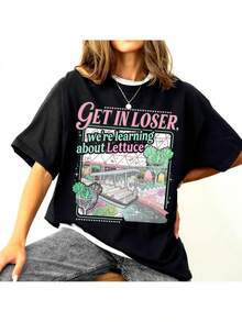 1 Piece, 180G, Comfortable 'Loser We Are Learning Ketchup' Theme Park Print T-Shirt, Funny Theme Park T-Shirt, Vintage Amusement Park Inspired T-Shirt. - 黑色 - 查看 5