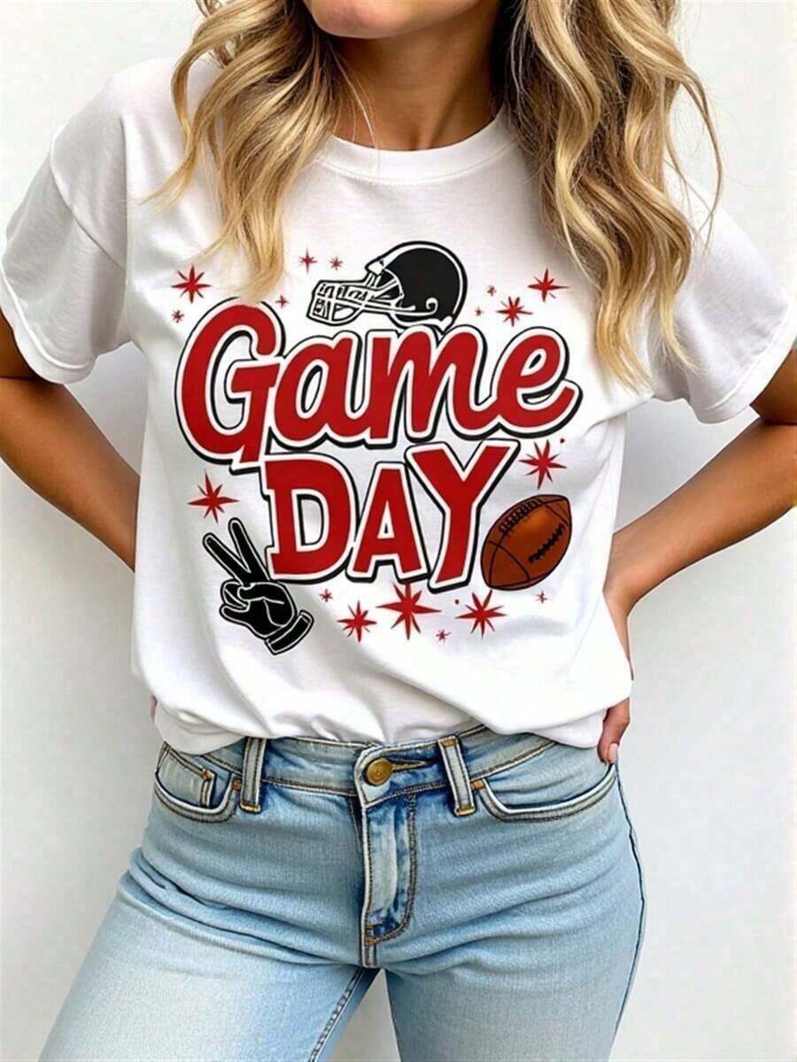 1 Piece [100% Cotton] [Women's Game Day T-Shirt] Women's Short-Sleeve T-Shirt With A Striking Red Pattern Design, Including Peace Symbols, Football Helmets, And Stars – Perfect For Game Days, Casual Outings, And Showing Your Sporty Spirit! Unisex Loose-Fitting Cotton Short-Sleeve Crew Neck T-Shirt, Urban Vintage Style, Soft Summer T-Shirt For Women. - 白色 - 查看 1