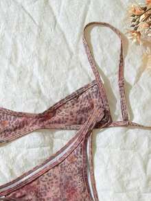 Set de 2 piezas Bikini de tirantes finos con estampado aleatorio para mujer, verano - Multicolor 6 - Ver 4