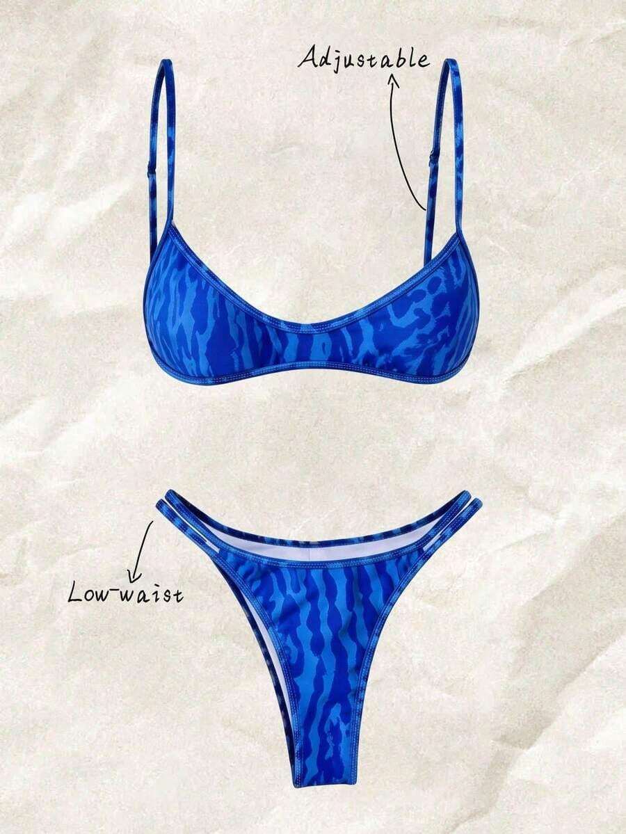 Set de 2 piezas Bikini de tirantes finos con estampado aleatorio para mujer, verano - Multicolor 8 - Ver 1