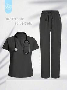 Conjunto de uniforme azul marino para mujer, hecho de tela de alta calidad y transpirable, adecuado para deportes, enfermería y trabajo, con bolsillos, perneras acampanadas, conjunto de uniforme de moda, adecuado para clínicas dentales, conjunto de unifor - Gris - Ver 8