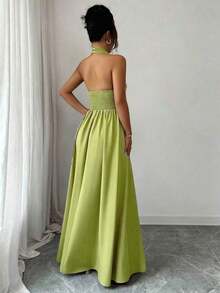 Elegante vestido sin mangas con cuello en V, diseño hueco en la cintura y pliegues, color morado, nueva llegada de primavera/verano - Verde Oliva - Ver 7