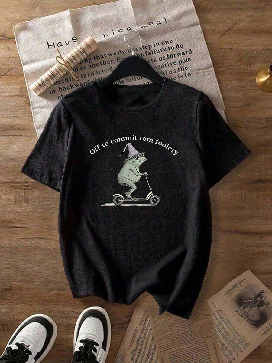 Camiseta Gráfica con Slogan de Rana Divertida para Mujer de Talla Grande, Casual de Verano - Negro - Ver 1