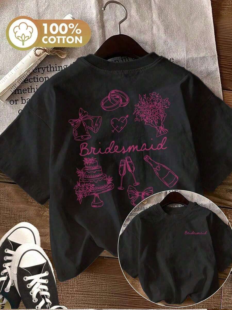 Women's Summer Casual Short Sleeve T-Shirt [Double-Sided Print] Hand-Drawn Style Ring Print Flower Bouquet Pastel Bridesmaid Round Neck 100% Cotton. - 黑色 - 查看 1
