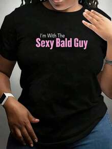Tops de verano, Camisetas gráficas con estampado "Estoy con el chico calvo sexy", Conjuntos de verano para mujer, Camiseta de algodón con cuello redondo para mujer, Ropa de verano - Negro - Ver 6