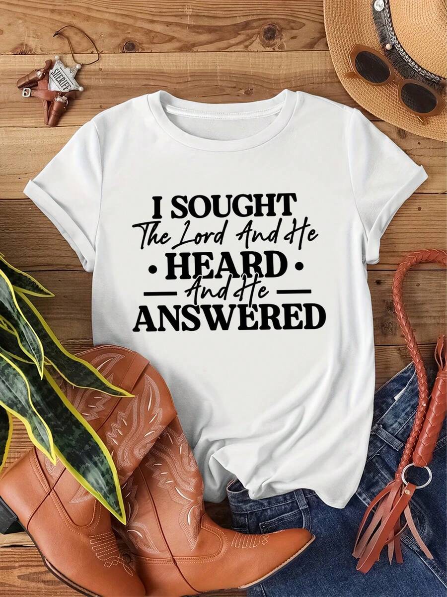 Camiseta de talla grande para mujer "Busco al Señor, y él me escucha y responde" - top casual de cuello redondo suave con motivo de oración, lavable a máquina, adecuada para el hogar, regalo de Año Nuevo, Día de San Valentín y uso diario. - Blanco - Ver 1