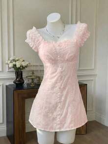 Nuevo vestido mini elegante con diseño de jacquard rosa, estilo dulce y picante de resort, atuendo de campo pastoral, ceremonia de graduación, estilo universitario, vacaciones de verano, playa, fiesta, boda - Rosa Pálido - Ver 2
