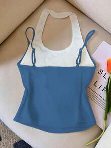 Top sin mangas de color contrastante, casual y de moda para el verano - Azul - Ver 2