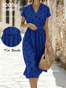 Vestido casual elegante y vintage con estampado de lunares, con bolsillos y lazo en la espalda, silueta minimalista pero refinada de corte evasé con cintura anudada, vestido versátil para oficina/ocasión, conjunto bohemio de lunares para vacaciones, primavera/verano rojo - Azul - Ver 1
