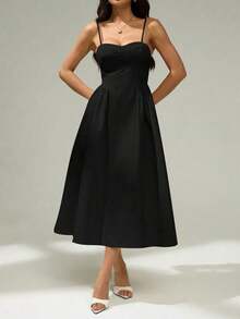 Vestido de verano elegante y estiloso de unicolor con tirantes de espagueti - Negro - Ver 6