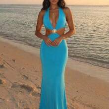 Women's Sexy Beach Vacation Deep V Metal Shell Buckle Decor Backless Fitted Long Dress, Blue - Beis - Ver 10