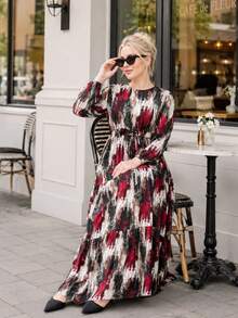 Plus Size Navy Blue Abstract Print Tie-Waist Maxi Dress With Long Sleeve - Red - View 10