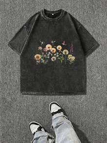Camiseta Negra Lavada Vintage 2026 para Mujer, Estampado Floral, Estilo Urbano, Corte Holgado, Cuello Redondo - Negro - Ver 9