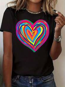 1 Piece Women's Short Sleeve T-Shirt With Colorful Heart Print - Iridescent Multicolor Rainbow Design, Relaxed Fit, Round Neck, Casual Top, Machine Washable, Comfortable For All Seasons, Ideal For Valentine's Day And Casual Outfits, Base With Multicolor Heart Pattern (Pink, 180g, 100% Cotton). - 黑色 - 查看 12