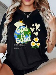 Planeta con sol radiante nubes blancas corazones y margaritas que transmiten un mensaje espiritual positivo camiseta de mujer 100% algodón 220g - Negro - Ver 2