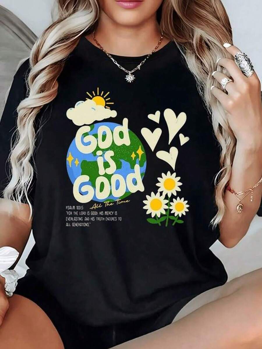 Planeta con sol radiante nubes blancas corazones y margaritas que transmiten un mensaje espiritual positivo camiseta de mujer 100% algodón 220g