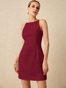 Vestido corto sin mangas de unicolor elegante para mujer, vestido formal, vestido de novia, vestido blanco de graduación, vestido informal para la oficina - Burdeos - Ver 1