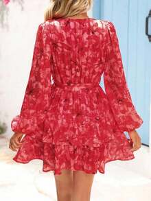 Vestido mini casual de mujer con estampado floral para vacaciones - Rojo - Ver 2