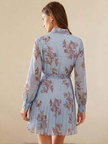 Aveloria Frievida Vestido con botón delantero con cinturón con estampado de flor - Celeste - Ver 2