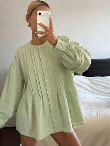 Blusa amarilla holgada con cuello redondo y plisados para mujer - Verde - Ver 3