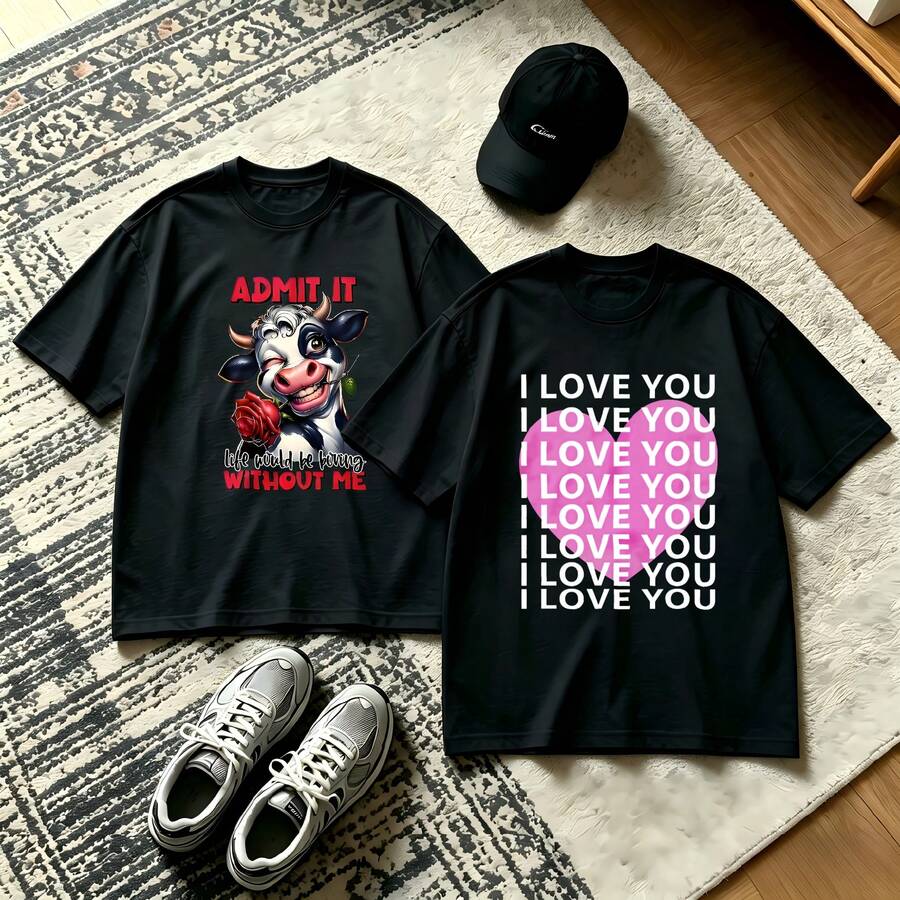 2-Piece Couple Matching Pattern T-Shirt, 100% Cotton, Loose Fit, Soft And Breathable, Casual Round Neck Short Sleeved Top Hello Summer Tropical Beach Vibes Versatile Patterns No Picky Combinations Coordinated Dating Casual Travel Simple And Cartoonish Printing Styles High Cost-Effectiveness Couple - 黑色 - 查看 1