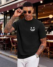 Camiseta Gráfica de Algodón para Hombre Aiyino, Estilo Casual Urbano, con Estampado Minimalista de Sonrisa en el Pecho y Cuello Redondo GCT5 - Blanco - Ver 10