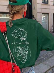 Camiseta casual para mujer, con estampado de anatomía del cerebro y el corazón, corte holgado y oversize, estilo callejero de cuello redondo y manga corta, adecuada para ir al trabajo, viajes urbanos, salidas de verano, reuniones con amigos, brunch de fin de semana en color negro - verde oscuro - Ver 6