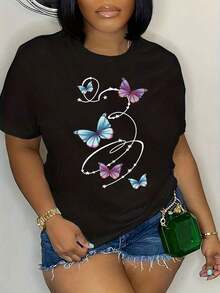 Camiseta de manga corta con estampado de mariposas, top casual para primavera y verano, ropa de mujer - Negro - Ver 1