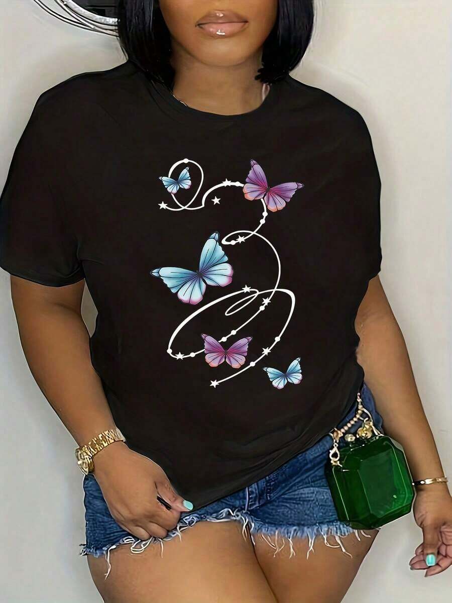 Camiseta de manga corta con estampado de mariposas, top casual para primavera y verano, ropa de mujer - Negro - Ver 1