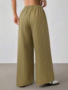 Pantalones casuales anchos de pierna ancha con cintura de corbata y rayas para mujer - Verde militar - Ver 2